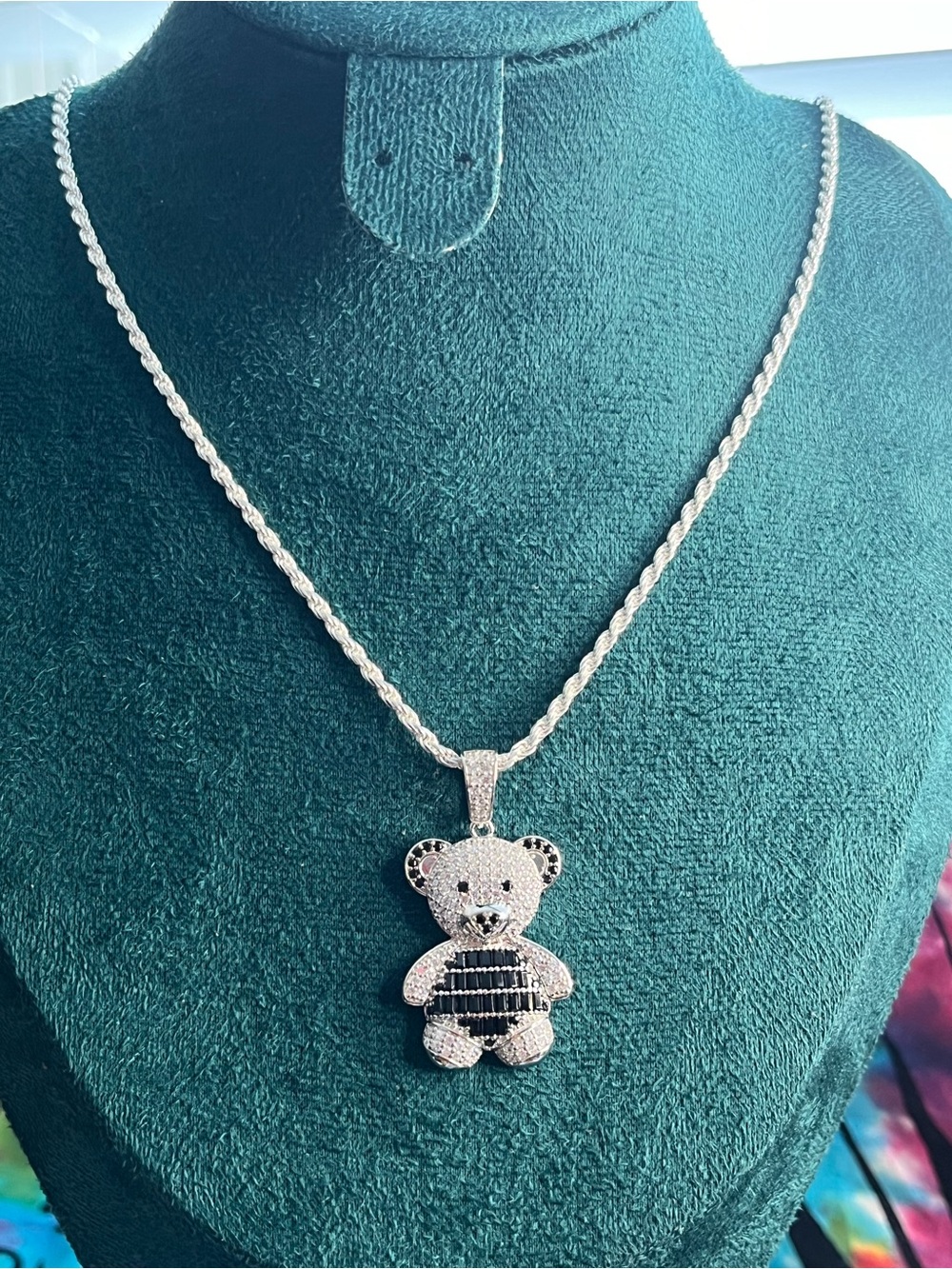 6.3CTW Black & White Moissanite Teddy Bear Pendant, Sterling Silver, DTP